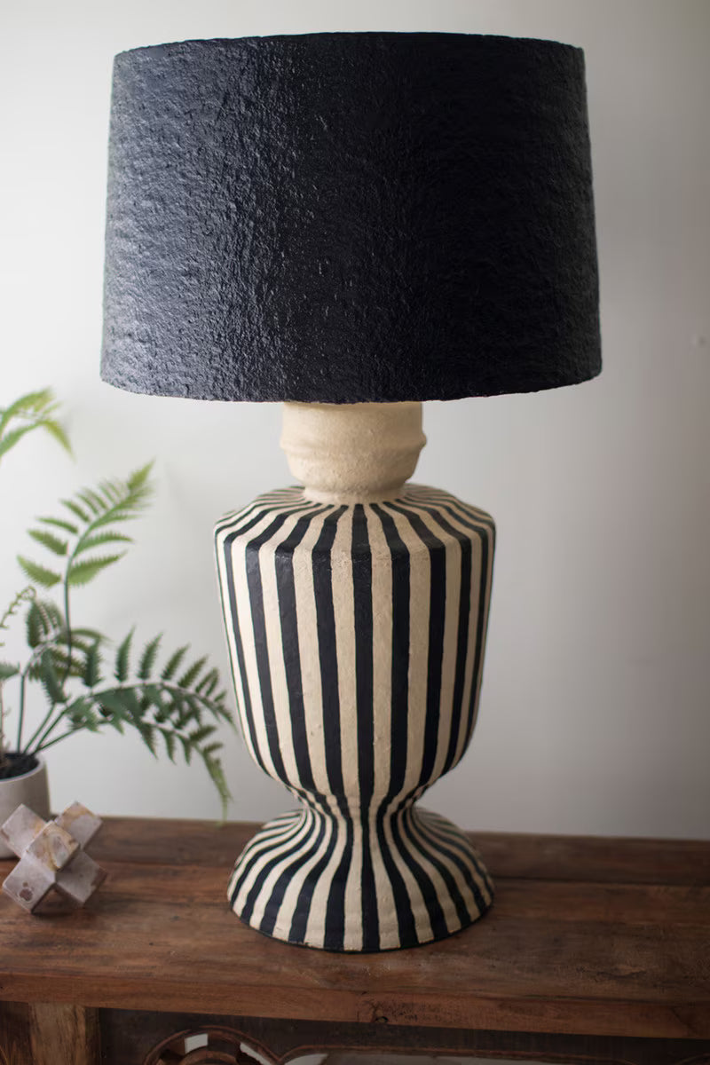Black and White Paper Mache Lamp with Black Shade
