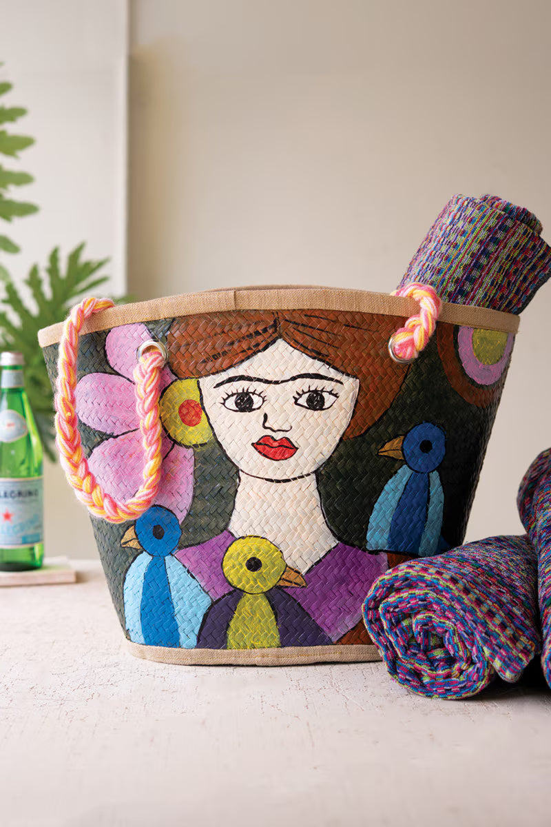 Girl with Blue Birds Hand-Painted Seagrass Bag