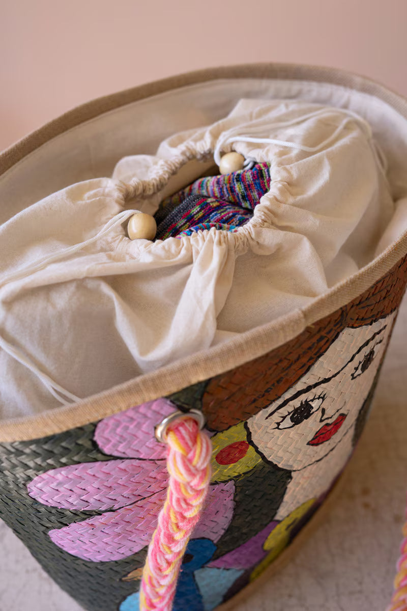 Girl with Blue Birds Hand-Painted Seagrass Bag