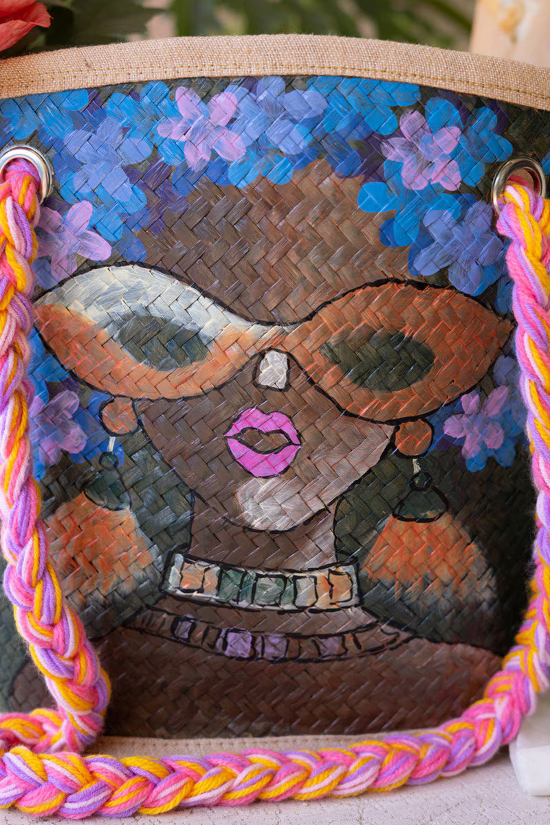 Girl with Sunglasses Hand-Painted Seagrass Bag