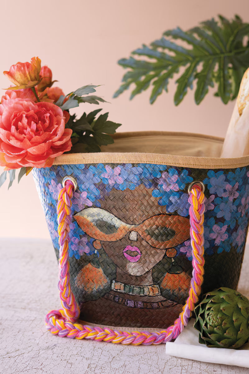 Girl with Sunglasses Hand-Painted Seagrass Bag