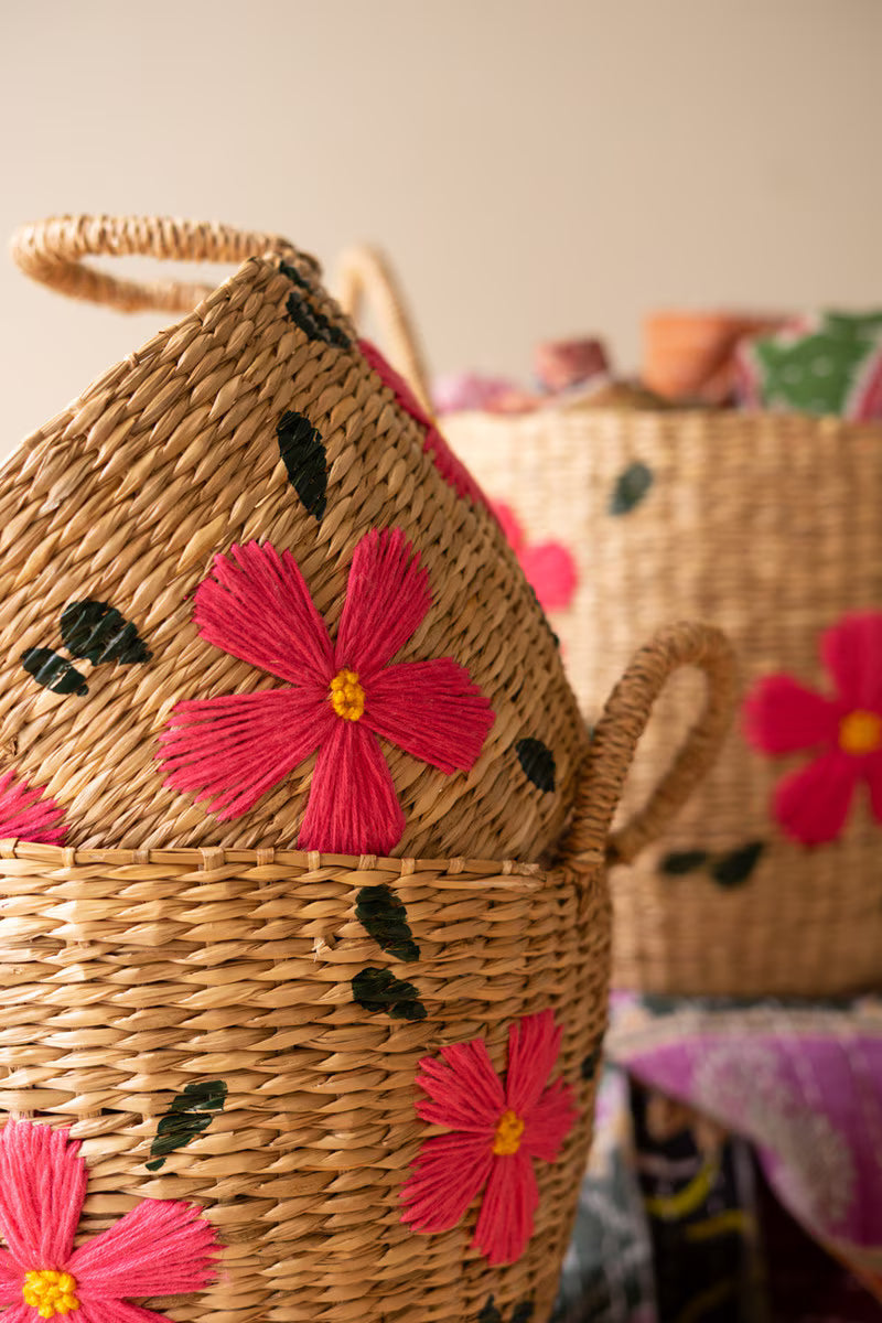 Set of 3 Seagrass Baskets with Embroidered Flowers