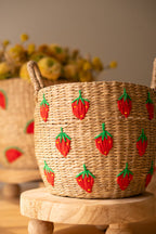 Set of 3 Seagrass Baskets with Embroidered Fruit