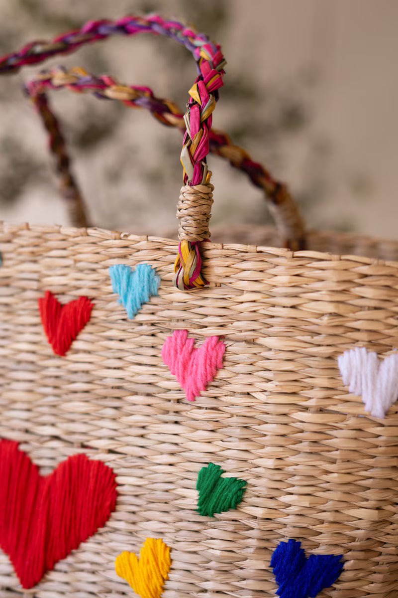 Seagrass Basket with Embroidered Hearts