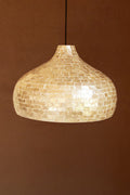 Dome Spun Bamboo Pendant Light with Neutral Capiz Shell Detail