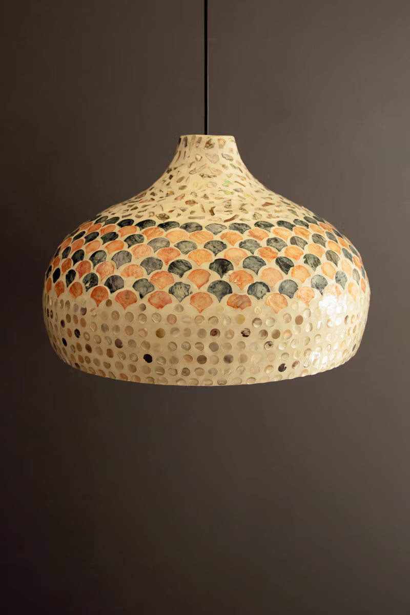 Dome Spun Bamboo Pendant Light with Blue and Orange Capiz Shell Detail
