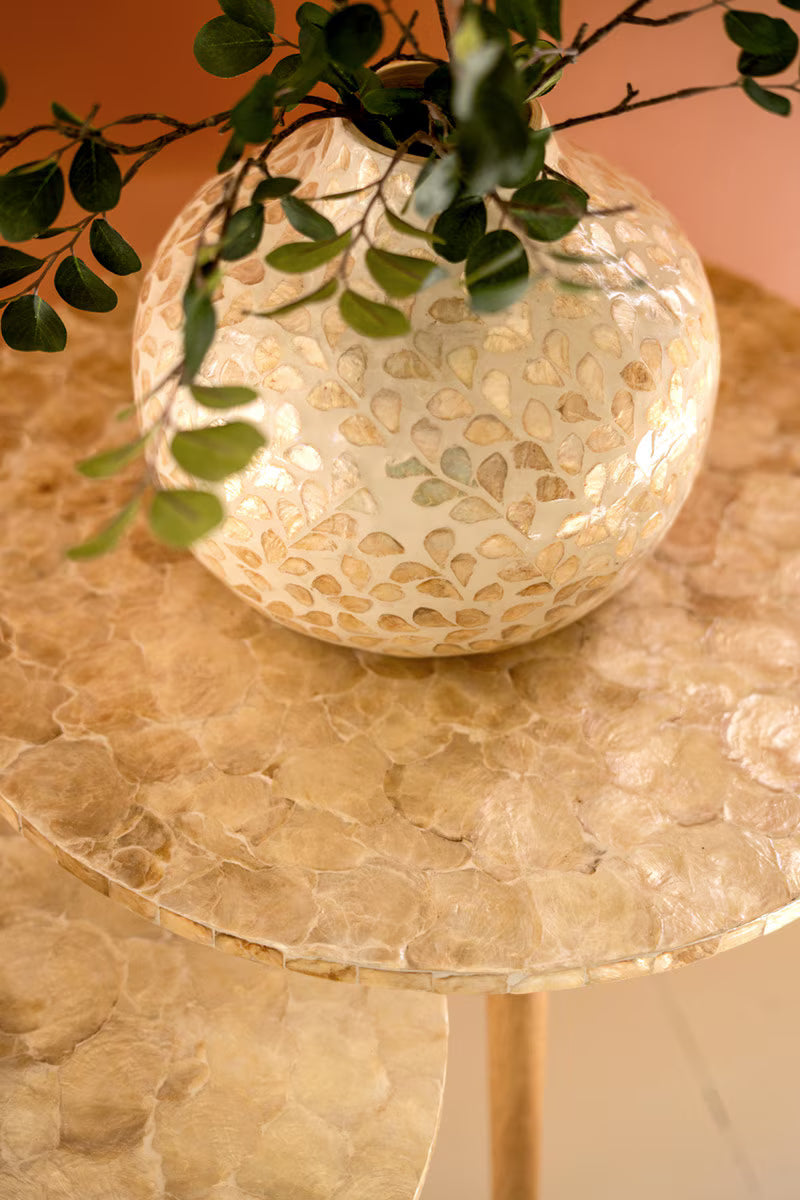 Set of 2 Wooden Accent Tables with Neutral Capiz Shell Detail